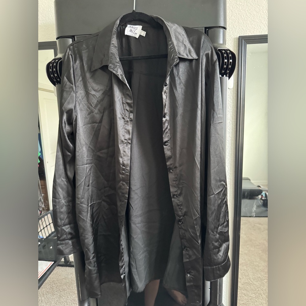 Princess Polly Black Satin Shirt Mini Dress